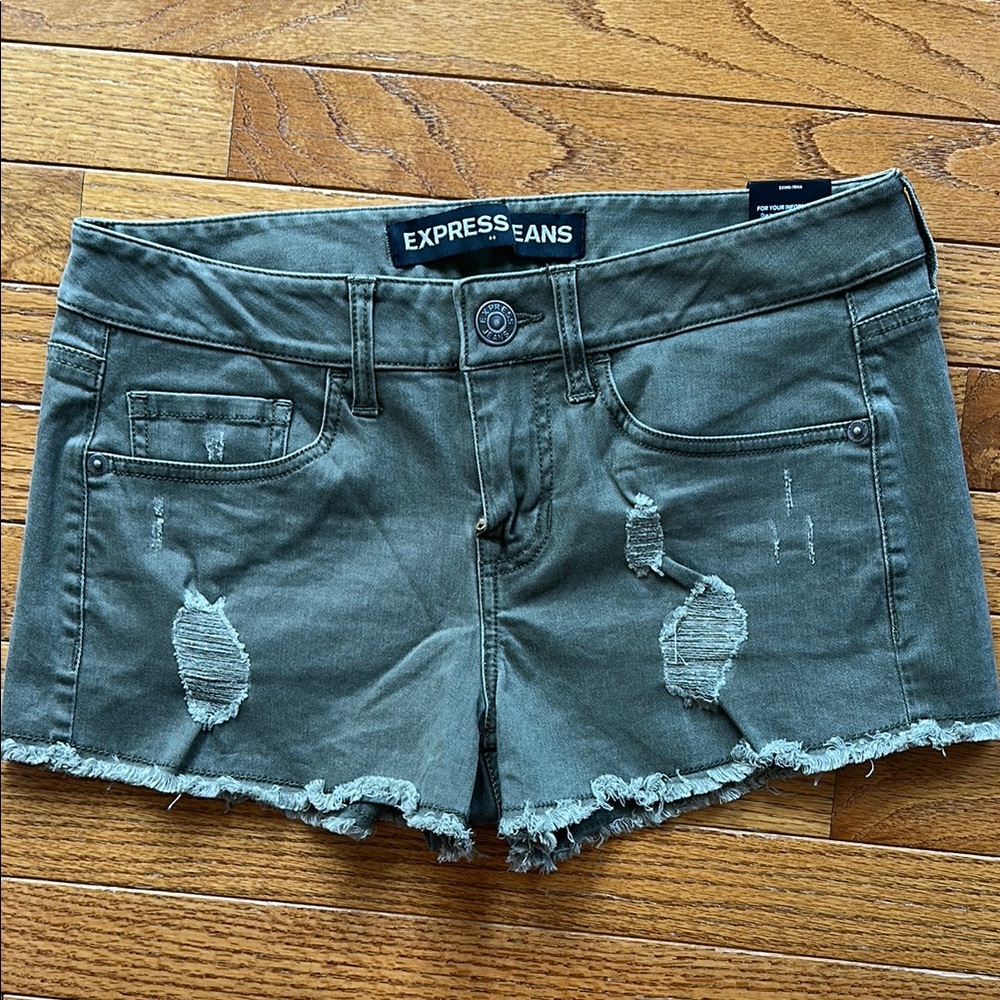 Express Green Jean Shorts Distressed Design